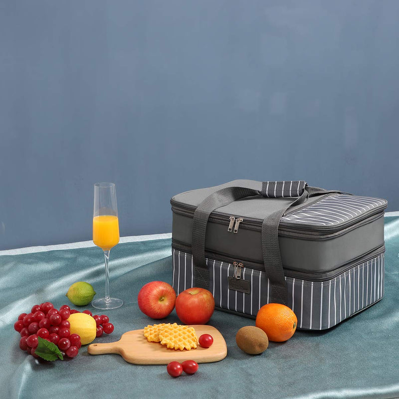 FE FUN ELEMENTS Casserole Carrier, Expandable Insulated Casserole Carriers for Hot or Cold Food, Lasagna Lugger for Parties, Fits 9" x 13" Baking Dish, Grey Double