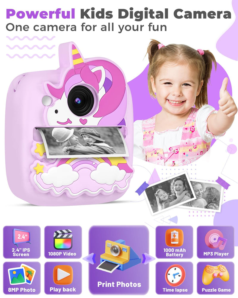 Instant Print Camera for Kids 3-12 Years, Thermal Print Kids Camera Toy is a Surprise Gift for Girls & Boys with 32G SD Card, 48 MP Photo, 1080P Video, 3 Rolls of Photo Paper (Purple) Purple