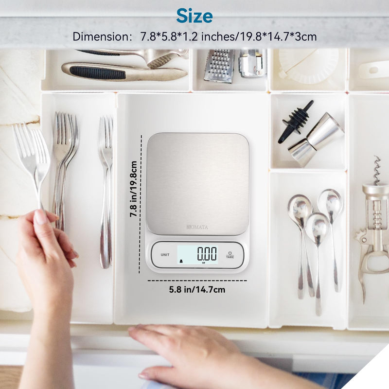 BOMATA Waterproof IPX6 Kitchen Scale, 0.1 g/0.01 oz High Precision, 5 kg/11 lbs, Digital Scale with Backlight, Stainless Steel Weighing Platform, for Food, Cooking, Baking, Weight Loss.. B619, White 0.1g/5kg Non-rechargeable White