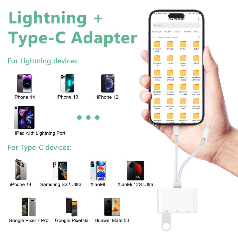 Lightning + USB C to Aux Audio Headphone Jack Adapter,Multi USB OTG Camera Adapter+3.5mm Earphone Jack+Type-C Earphone/Charge Port,Phone Splitter for iPhone 15/14/13,Samsung,iPad,Huawei,Flash Drive