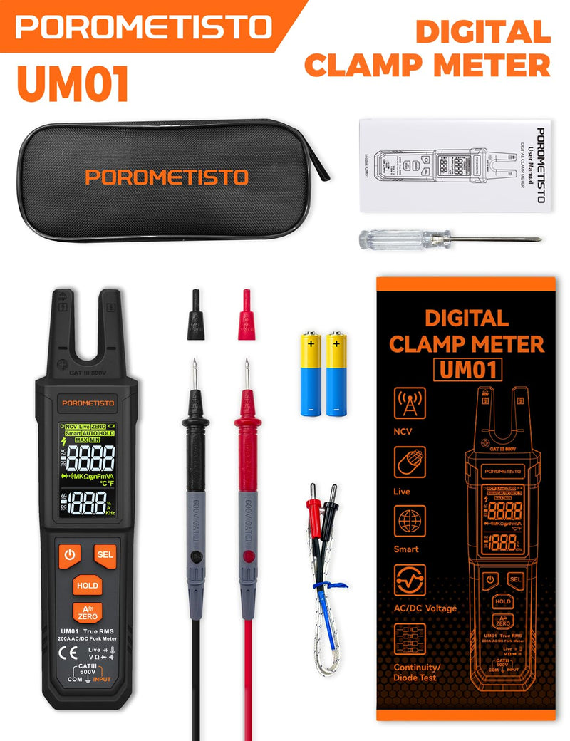 UM01 True RMS AC/DC Digital Current Clamp | U-shaped clamping jaw, AUTO detection, NCV, live phase detection – clamp multimeter & ammeter clamp in one.