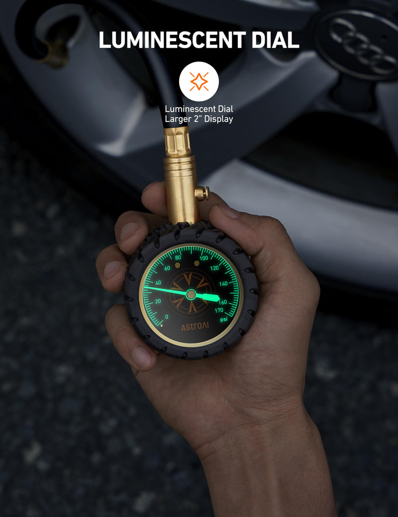 AstroAI Tire Pressure Gauge, 6-170 PSI, Certified ANSI B40.1(1%) Accurate with Large 2" Dial Easy to Read Compatible with Cars, Trucks, SUVs, Motorcycles, Bicycles with Schrader Valve