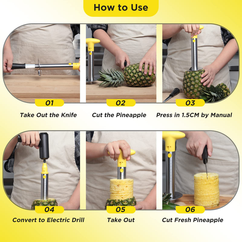 YYP Pineapple Cutter with Knife, [Upgraded, Electric & Manual] Durable Pineapple Corer with Electric Drill Accessory, Stainless Steel Fruit Peeler Knife Pineapple Slicer Core Remover Kitchen Tool Pineapple Corer with Knife