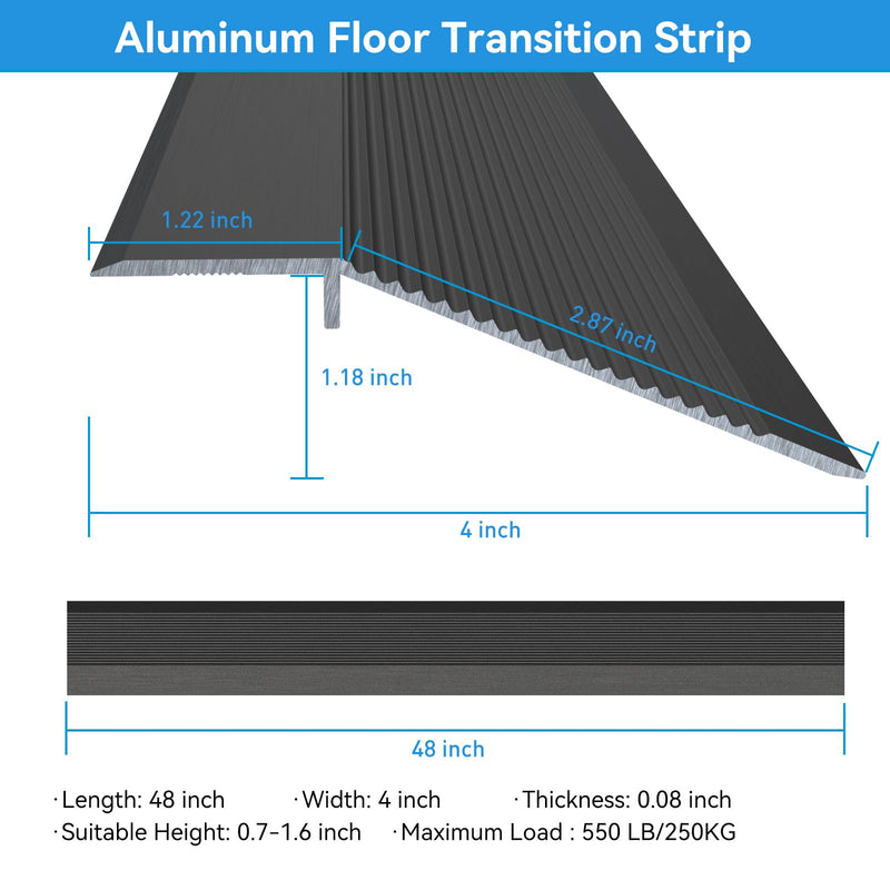 Floor Transition Strip - Aluminum Transition Strips Threshold Ramps for Doorway Aluminum Floor Reducer Molding for Carpet/Entry Door/Tile/Threshold/Wheelchair (Black, 48''x4'') Black 48''x4''