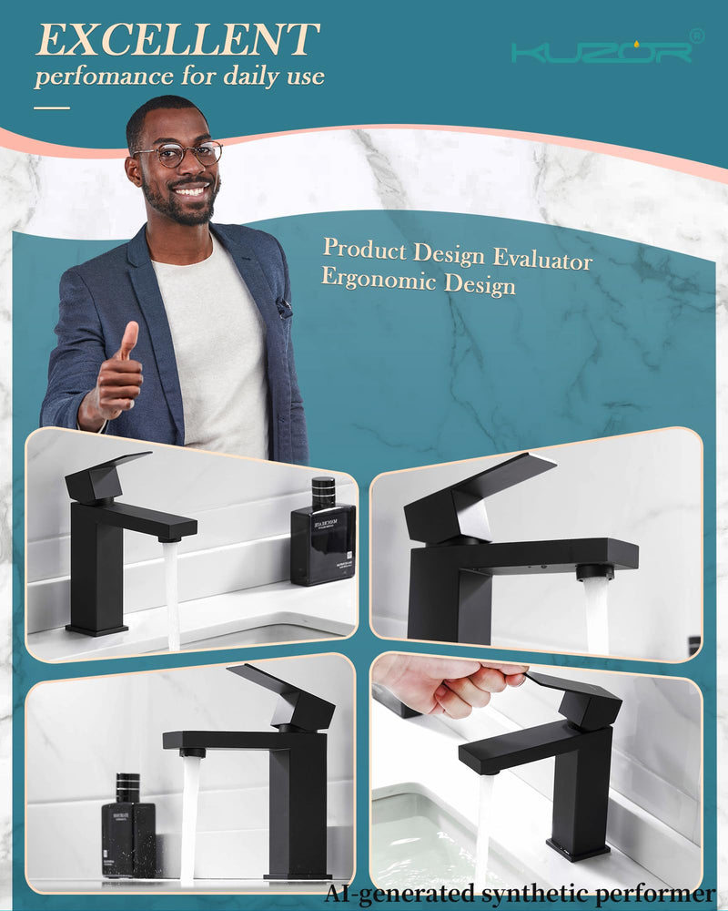 Single Hole Bathroom Faucet, 1-Handle Bathroom Sink Faucet with Pop-Up Drain, 304 Stainless Steel Matte Black for Modern Bath/Vanity SHORT
