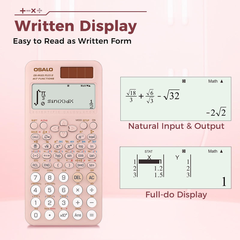OSALO Scientific Calculator 401 Function 417 Function 2 Line Written Display 10+2 Digits Solar and Battery Calculators Pink