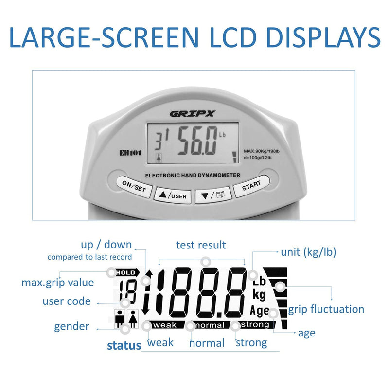 Digital Hand Dynamometer Grip Strength Measurement Meter Auto Capturing Electronic Hand Grip Power 198Lbs / 90Kgs Grey