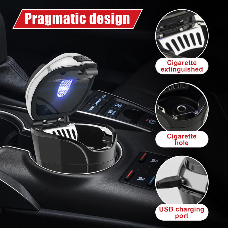 Car Ashtray with Lid, Detachable USB Rechargeable Auto Cigarette Lighter with Blue LED Light, Portable Smell Proof Stainless Car Ash Tray, Mini Automotive Trash Can (Silver) Silver