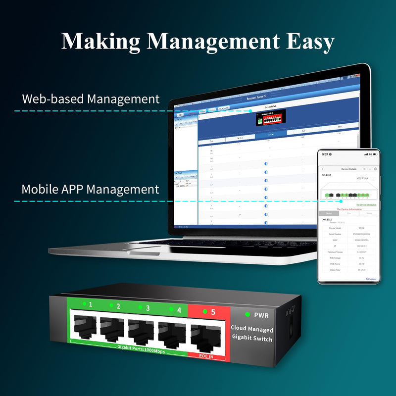 STEAMEMO 5-Port Gigabit Ethernet Switch | Smart Managed with VLAN/QoS | Plug & Play Desktop/Wall-Mount Network Hub w/ PoE in Design | Sturdy Metal & Energy-Efficient(Includes Power Adapter) 5 ports |Easy Managed