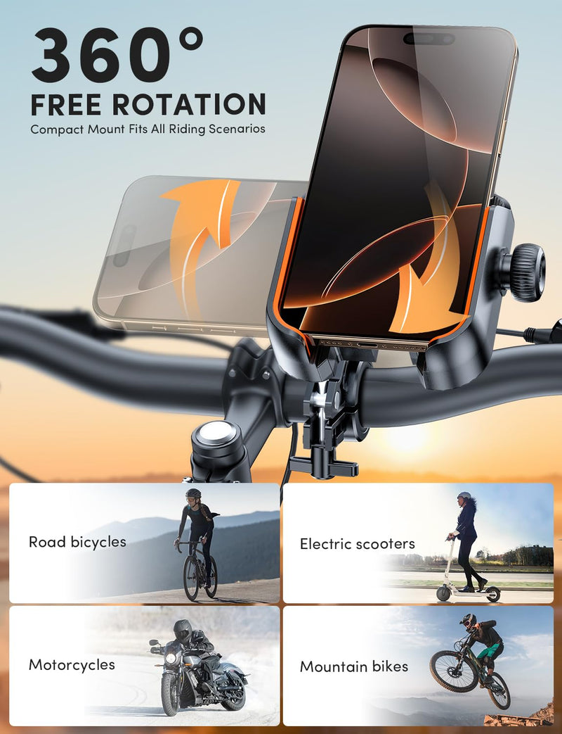 Phone Holder for Bike Handlebar, Motorcycle Mounts for Smartphone [Camera Friendly] Electric Bicycle Scooter Phone Clip Rotatable ebike Stand Clamp Compatible with iPhone Samsung Galaxy