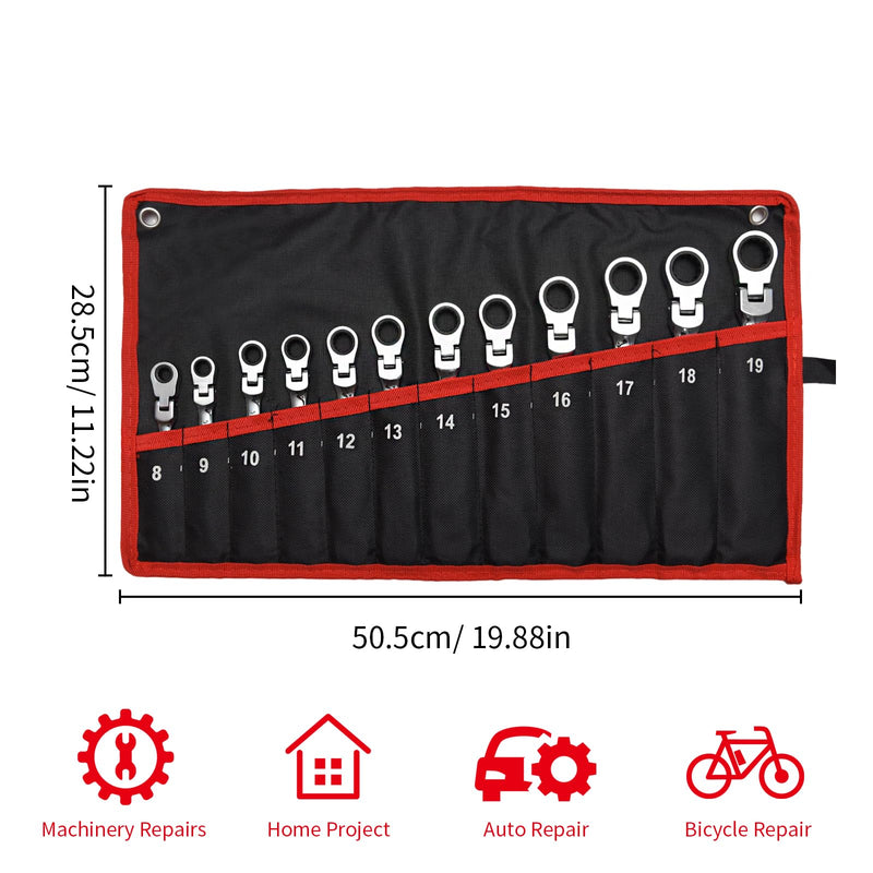 WISEUP 12Pcs Ratchet Wrench, CR-V Chrome-vanadium Steel 8-19mm Wrench, 180 ° Adjustable Combination Wrenches, Double-end Ratchet Wrench, Anti-slip Rust-proof, Labor-saving Tools 12 pcs set