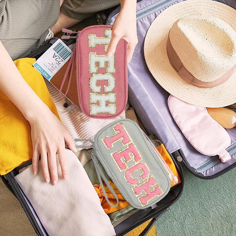 Electronic Accessories Organizer Bag Cable Cord Charger Carrying Pouch with Preppy Chenille Letter Patch TECH, Business Travel Gadget Small Storage Case Essential for Women Teen Girl (Pink) Pink