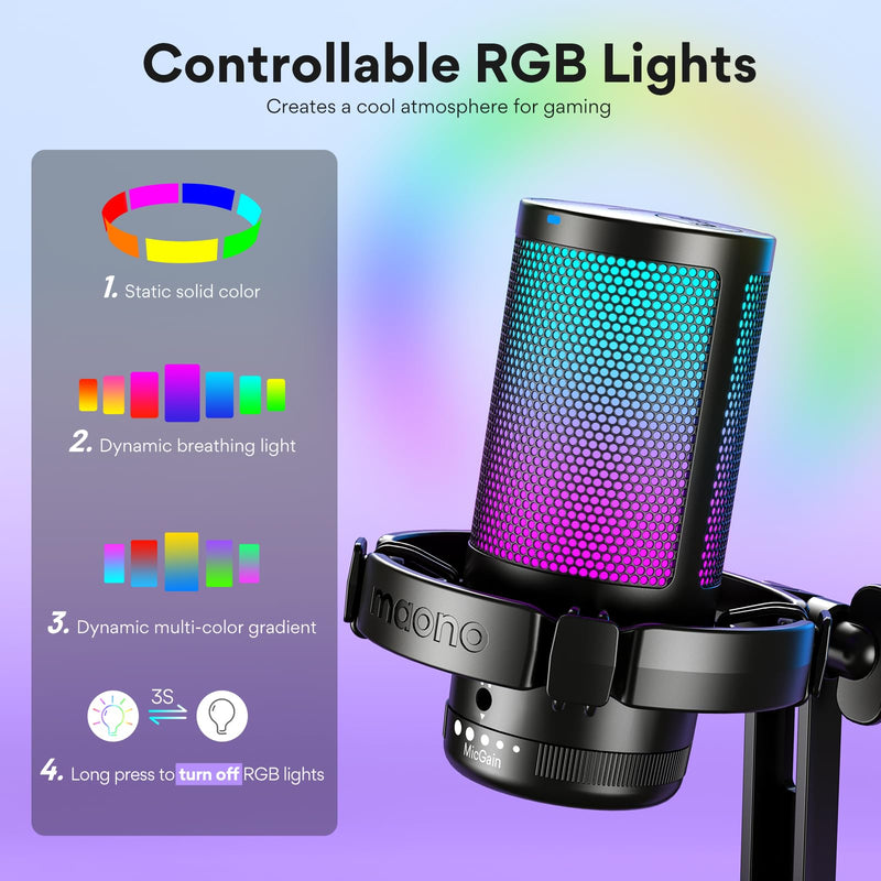 MAONO USB Gaming Microphone for PC, Noise Cancellation Condenser Mic with RGB Lights, Mute, Gain for Streaming, Recording, Podcast, Chat, Twitch, YouTube, Discord, Computer, PS5, PS4, GamerWave Black