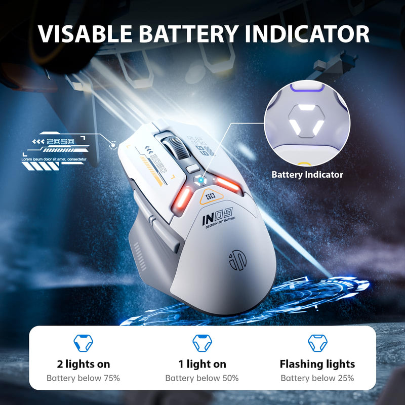 INPHIC IN9 Wireless Gaming Mouse, True Tri-Mode Bluetooth/Type-CWired/2.4G Wireless Mouse, 10000 DPl, Fully Programmable, RGB Backlit, Rechargeable Wireless Computer Mouse for Laptop PC Mac-White-Gray Gray