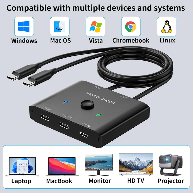 USB C Switch,Bi-Directional USB C Switcher 2 Computers,MLEEDA USB Type C KVM Switch 8K@60Hz 4K@120Hz Video/10Gbps Data Transfer/100W Charging,Compatible with Thunderbolt Device,2 USB-C Cables Included USB C Switch