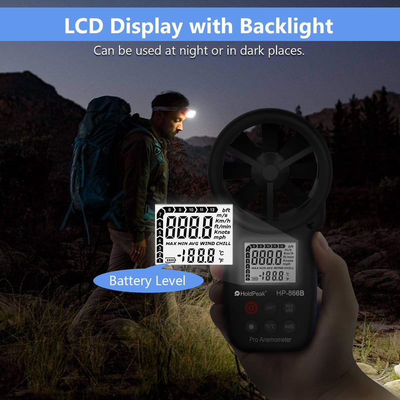 BT100 Digital Anemometer Handheld Wind Speed Meter for Measuring Wind Speed, Temperature/Wind Chill with Backlight and Max/Min (866B)