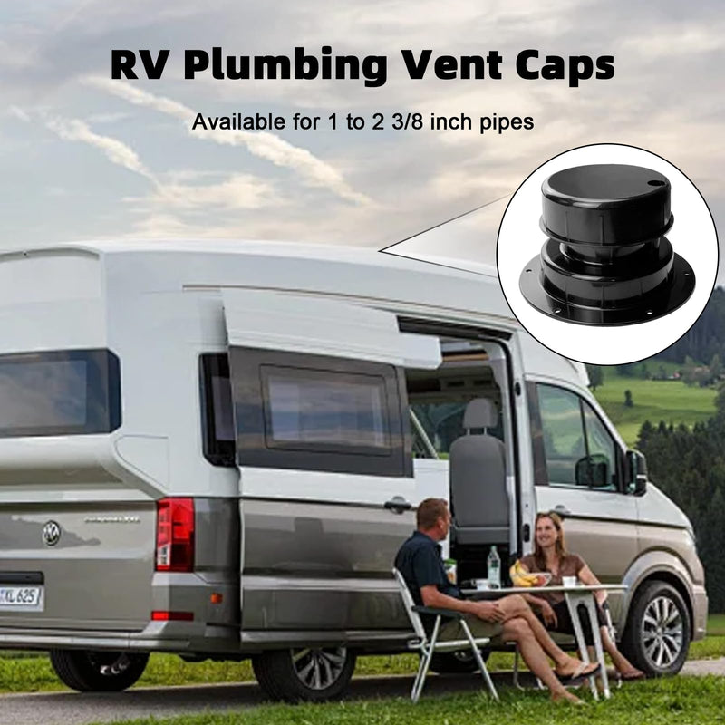 RV Plumbing Vent Caps Kit 2Pcs Trailer Camper Vent Cap Replacement Plastic Roof Sewer Vent Cover Caps for 1 to 2 3/8 Inch Pipe (Black) Black