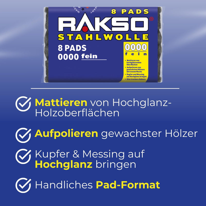 RAKSO Steel Wool Extra Fine 0000-8 Pads, Polished Waxed Wood, Copper, Brass, Frosted Surfaces, Cleans Glass 1 pack of 8 pieces.