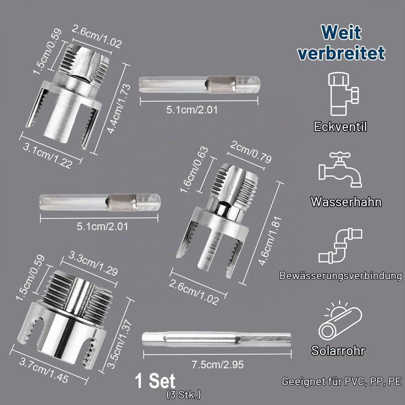 Pipe Tap Set, 3 Pieces, 1/2 Inch, 3/4 Inch, 1 Inch - Internal and External Tap, Tap Opener Pipe Tap for PVC, PP and PE Water Pipes