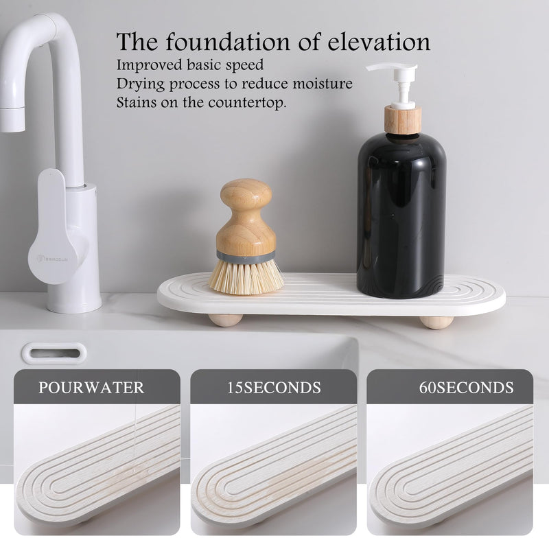2PCS Water Absorbing Stone Tray for Sink, Quick Drying Diatomite Bathroom Tray Countertop, Stone Drying Mat for Kitchen Counter Faucet, Soap Dish Dispenser Vanity Organizer, White-11.8" x 4" White3