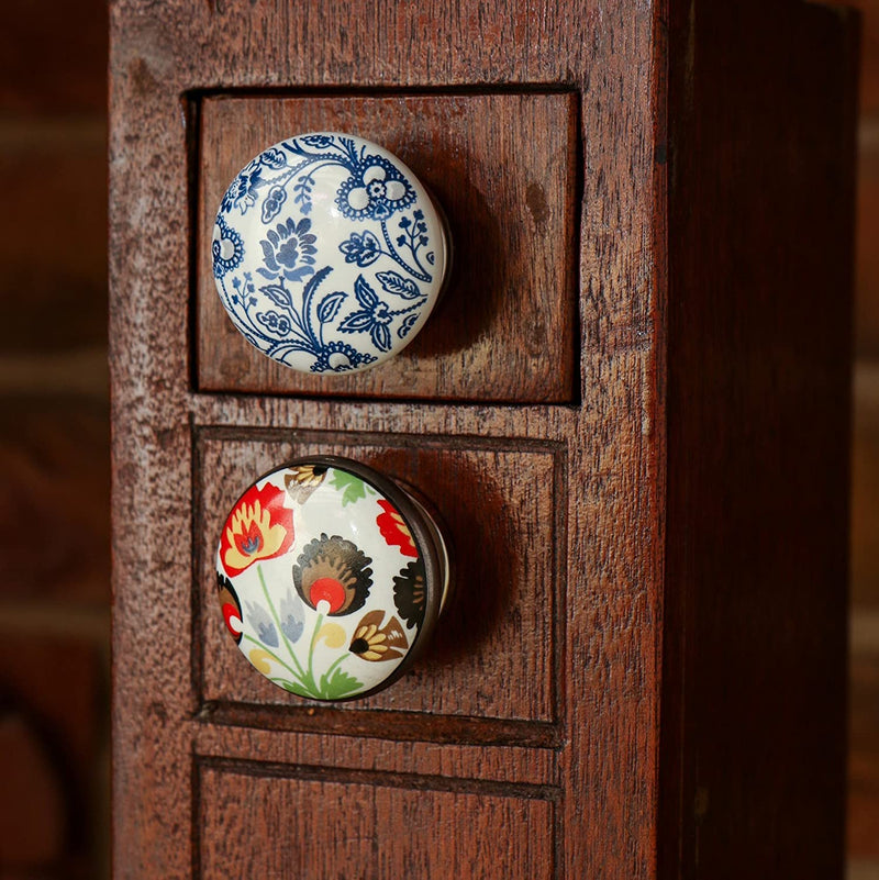 TRINCA-FERRO Set of 6 Ceramic Round Handmade White and Blue Floral Knob for Cabinets Dresser Drawers Laundry Room Closet Doors Knobs for Interior/Exterior | Office | Bedroom | Bathroom | Kitchen | Beckenham