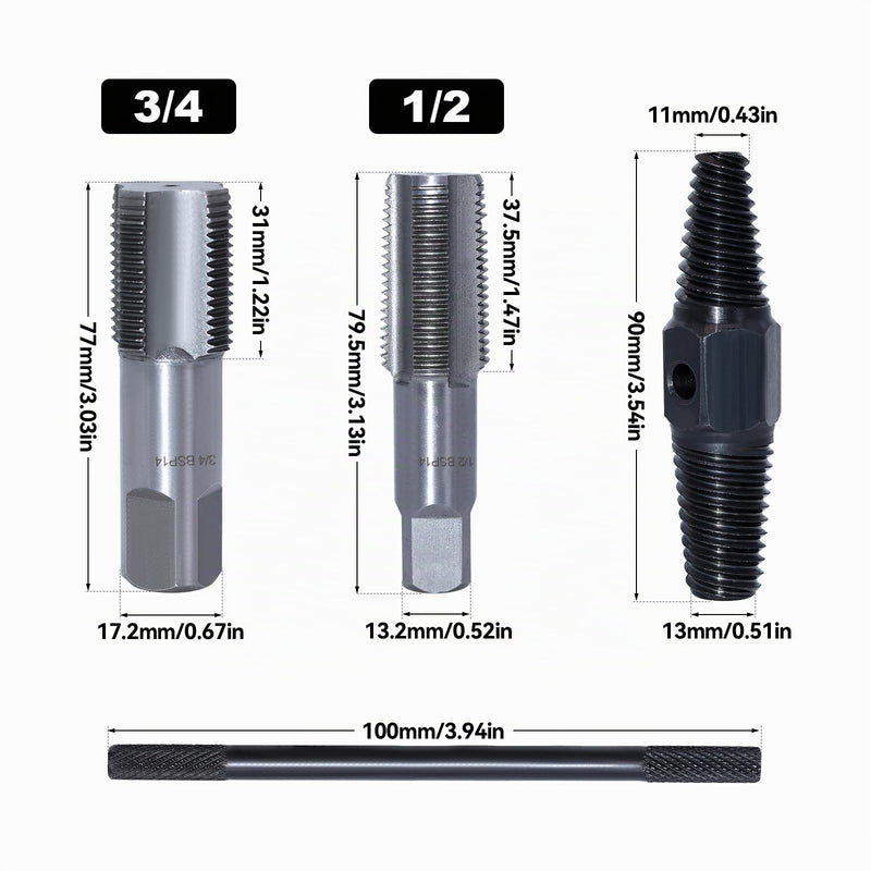 4 Piece Pipe Tap Set, 1/2 and 3/4 Inch Tap, Double Head Screw Extractor with Metal Rod, Professional Tap for Repair Thread