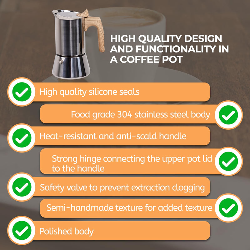Uncoated 4 Cup Moka Pot 304 Thickened Stainless Steel Coffee Maker Stovetop Espresso Coffeemaker Italian Classic Style Brewing Greca Cafe Mocha Machine for Cafeteras Camping Travel Home 200ml 6.6oz