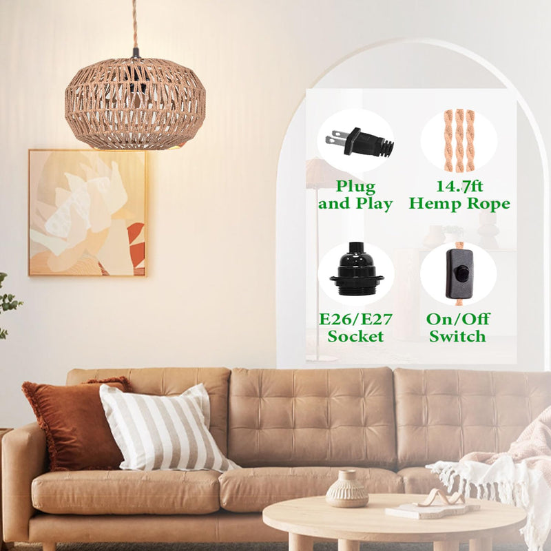 Hanging Light .Ceiling Lamp Pendant Lights Rattan Hanging Lamp with Plug in Cord for Living Room. Bedroom .Kitchen.Indoor Hanging Lamp Plug in Woven Lampshade (Brown-PX) Brown-PX