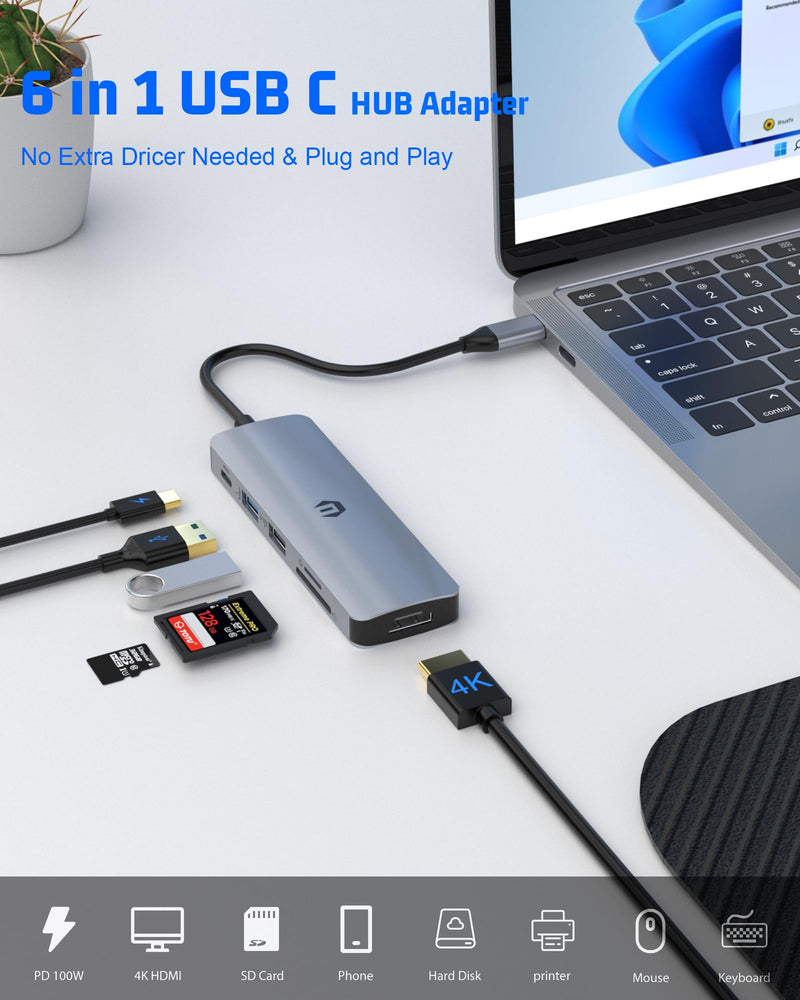 Tiergrade USB C Hub, 6 in 1 Multiport Adapter with 4K HDMI, 100W PD Charging, 2 USB-A Ports, SD & MicroSD Card Reader, Compatible with USB-C Laptops