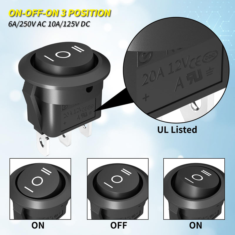 Joinfworld 3 Way Round Rocker Switch 12V, Waterproof 3 Pin 3 Position ON/Off/ON 6A/250V AC 10A/125V DC SPDT Circle Toggle Switch with Wires for Auto Car Marine Boat - 8Pack ON-OFF-ON