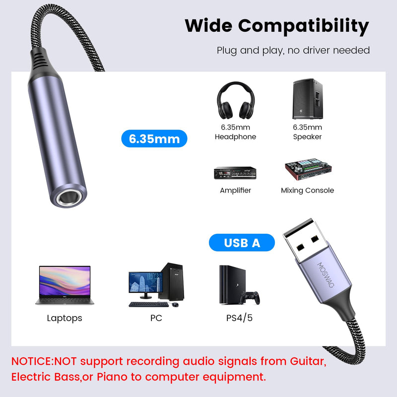MOSWAG USB to 1/4 Jack Audio Adapter, USB to 6.35mm Female Headphone Aux Adapter with External Sound Card Compatible with Laptop, PC, Amplifier, Speaker, 6.35mm Headphone (NOT for Recording and Mic) 10 Inch/25 CM Black
