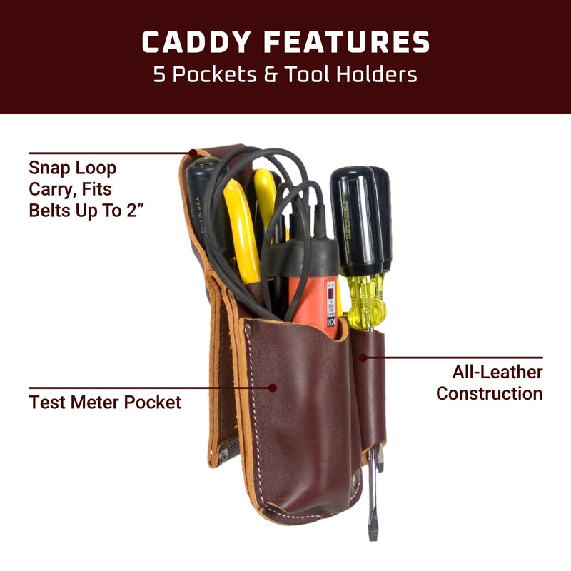 Occidental Leather Electrician's Pocket Caddy - Brown - 5 Pockets & Tool Holders - Belt Compatibility Up to 2" Wide - Made in USA