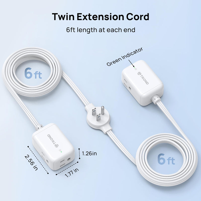 TROND Split Extension Cord with Surge Protection, Twin 6ft Each Side, White | Flat Plug For Tight Spaces, Low-Profile Outlet Extender, 3 AC, 900J, 1625W, Hide Behind the Middle of Sofa Couch Bed TV Stand 6 FT