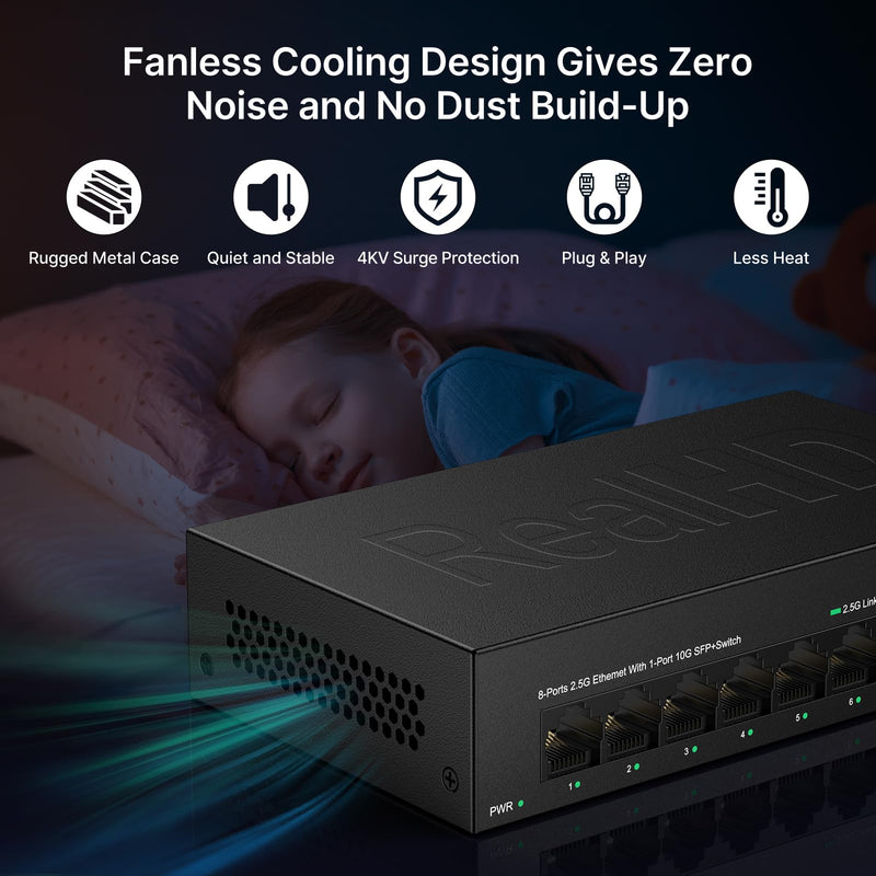 Real HD 8 Port 2.5G Ethernet Switch Unmanaged Network Switch with 8 x 2.5 Gigabit | 1 x 10G SFP+ | Work with 10-100-1000Mbps Devices | 60G Bandwidth | Plug & Play | Fanless Quiet Metal Internet Switch 8 port 2.5G ethernet switch without PoE