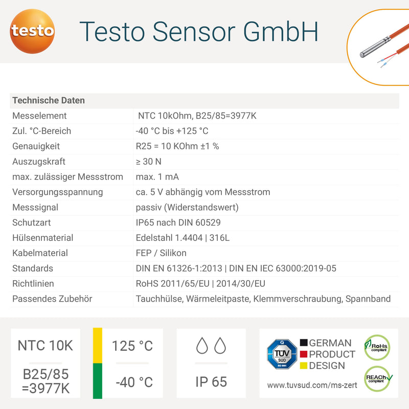 Testo Sensor NTC 10K Cable Sensor 3 m Silicone IP65 +125 °C Solar Heating 3 Meters