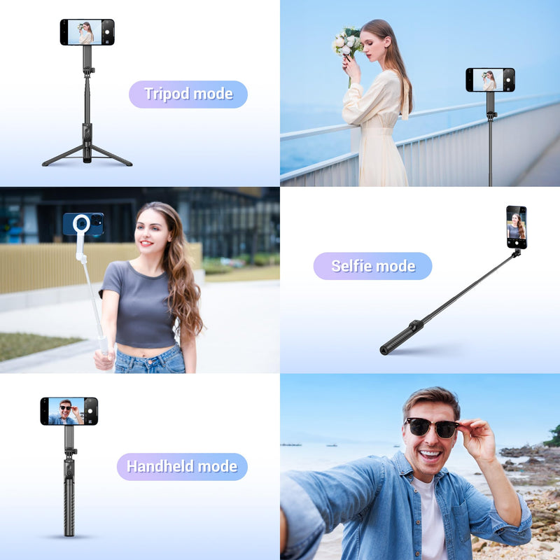 40.9" Magnetic Selfie Stick Tripod for Phone,Extendable Phone Tripod Stand with Detachable Wireless Remote & Magnet Clip Compatible with MagSafe for iPhone 17 16 15 14 13 Pro Max Plus Gopro&All Phones BLACK