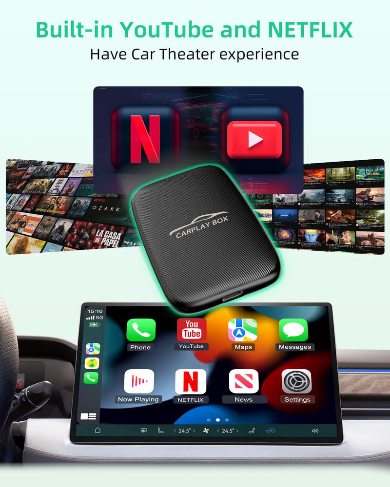 Wireless CarPlay Adapter with Netflix YouTube-Android Auto Wireless Adapter Magic Link Ai Box Support Mirroring/TF Card Converts Wired to Wireless Carplay Dongle for iPhone/Android Plug&Play No Delay