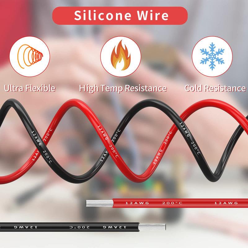 Makerfire 12 Gauge Silicone Wire, 12AWG Electrical Cable 32.8ft/10m, 16.4ft/5m Black and 16.4ft/5m Red, Flexible 680 Strands 0.08mm Tinned Copper High Temperature Wire for RC Car, Marine and 5m*2