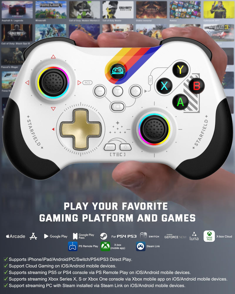 Joso Mobile Gaming Controller for iPad/iPhone/Tablet, Cloud Controller Remote Joystick for iOS/Android, Wireless Switch Controller with Macro Buttons/Hall-Rocker/Hall-Trigger - Starry Star White