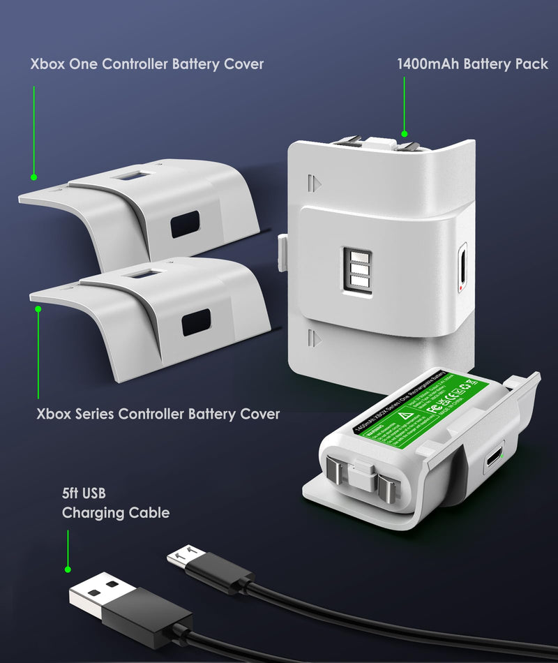 Rechargeable Controller Battery Pack with 4 Cover Play and Charge Kit with Micro USB Charging Cable for Xbox 1, S/X/Elite Wireless Remote (2 Pack-White) 2 Pack-White