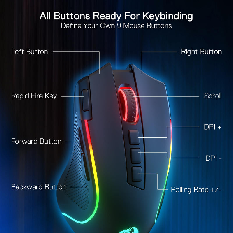Redragon M612 PRO RGB Gaming Mouse, 8000 DPI Wired/Wireless Optical Gamer Mouse with 9 Programmable Buttons & 7 Backlit Modes, BT & 2.4G Wireless, Software Supports DIY Keybinds Rapid Fire Button Black