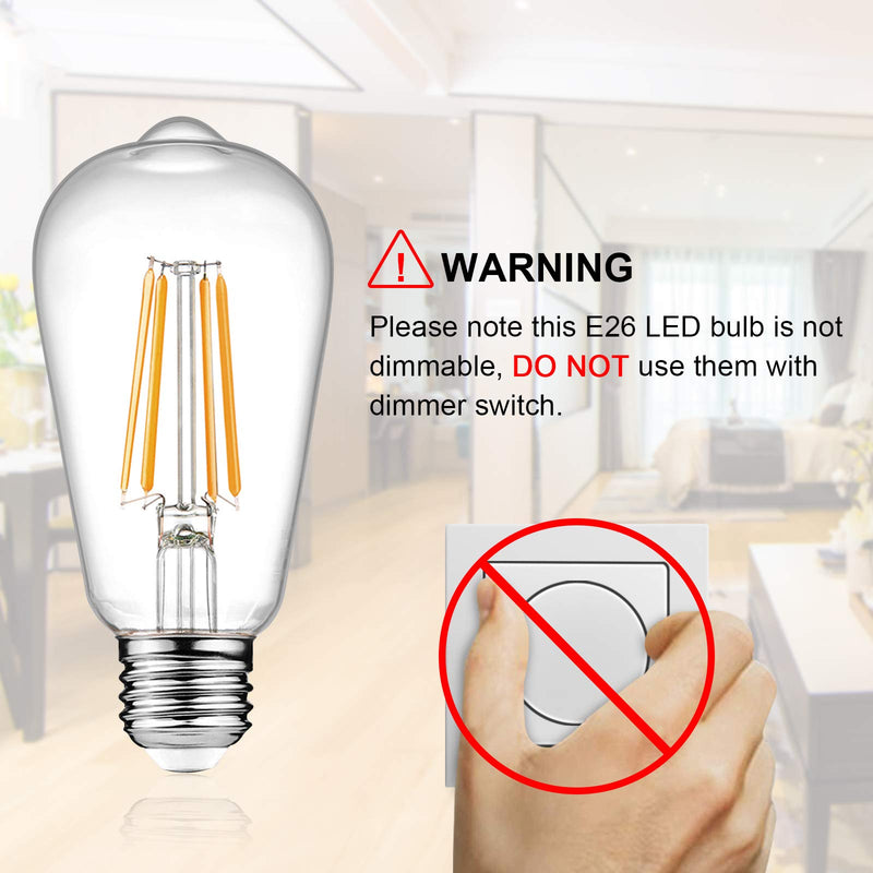Ascher Vintage LED Edison Bulbs, 6W, Equivalent 60W, Non-Dimmable, Warm White 2700K, ST58 Antique LED Filament Bulbs with 80+ CRI, E26 Medium Base, Clear Glass, Pack of 8 8 Count (Pack of 1)