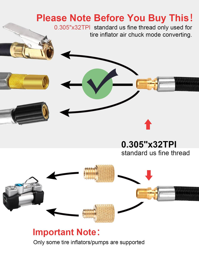 20'' Tire Inflator Hose Adapter, Lock On Air Chuck w/Converting Nuts & Presta Valve Adaptor for Air Compressor, Schrader Valve Adapter for Tire Pump's Twist On Convert to Lock On Connection Hose Converting Set