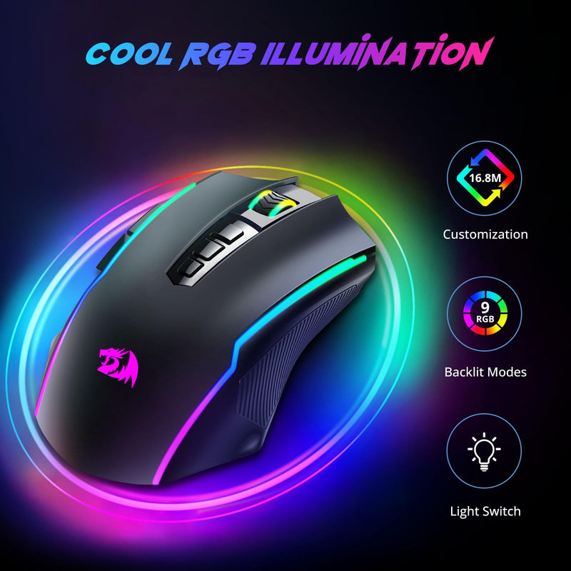 Redragon Gaming Mouse, Wireless Mouse Gaming with 8000 DPI, PC Gaming Mice with Fire Button, RGB Backlit Programmable Ergonomic Mouse Gamer, Rechargeable, 70Hrs for Windows, Mac Gamer, Black 2.4G/ Wired