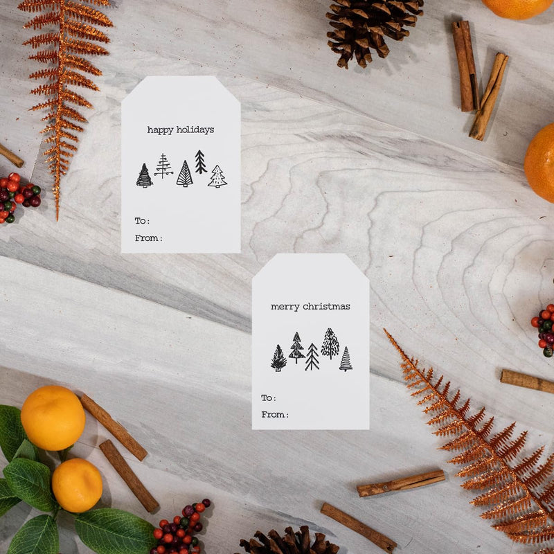 Boho Style Christmas Tree Gift Tag Stickers – 2 x 3 Inch Holiday Labels with Unique Tree Designs – 25 White Semi-Gloss Adhesive Tags, Eco-Friendly, Made in USA