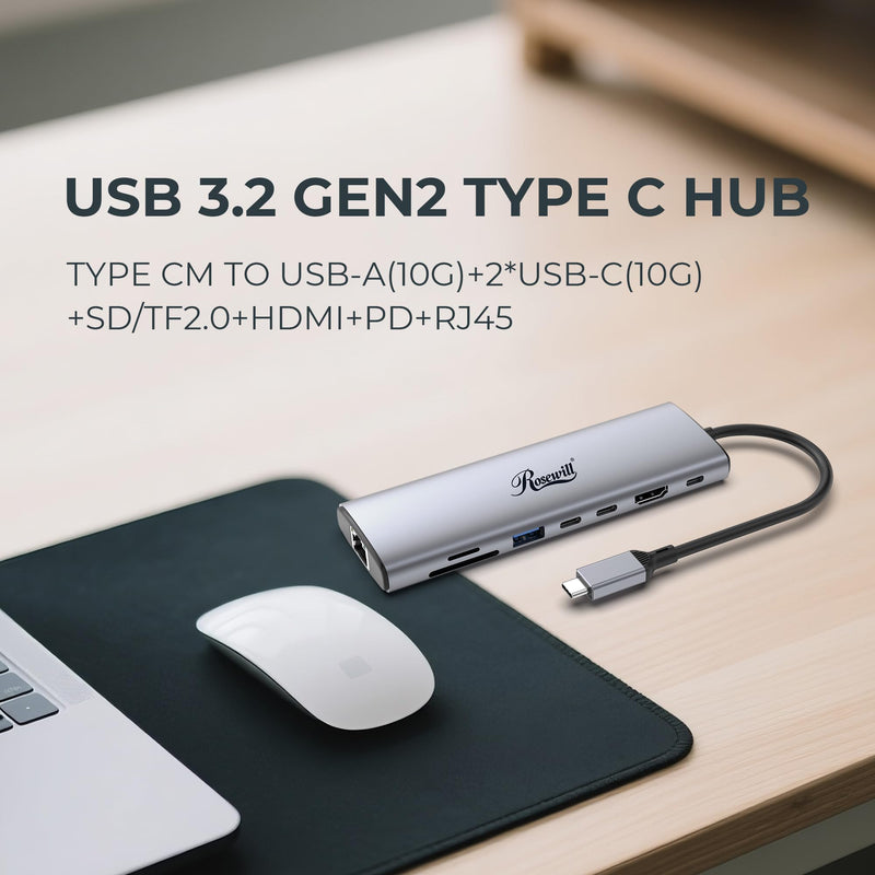 Rosewill 8-in-1 USB-C Hub with 4K HDMI 2.0, 10Gbps USB-A Ports for MacBook, Dell XPS, ThinkPad, HP Laptops – RHUB-M8