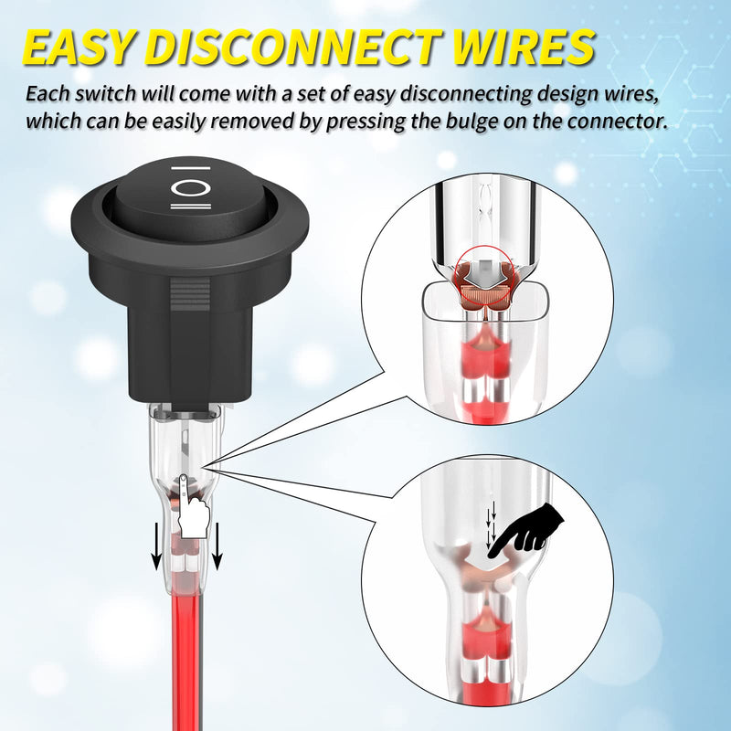 Joinfworld 3 Way Round Rocker Switch 12V, Waterproof 3 Pin 3 Position ON/Off/ON 6A/250V AC 10A/125V DC SPDT Circle Toggle Switch with Wires for Auto Car Marine Boat - 8Pack ON-OFF-ON