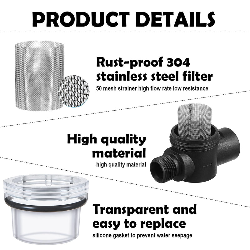 Water Pump Strainer Filter Set Include Twist On Pipe Strainer and Extra 50 Mesh Stainless Steel Filter Screen, RV Replacement 1/2 Sediment Filter Compatible with WFCO Pumps