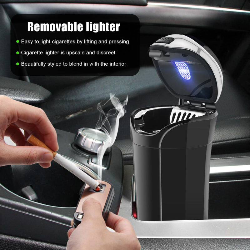 Car Ashtray with Lid, Detachable USB Rechargeable Auto Cigarette Lighter with Blue LED Light, Portable Smell Proof Stainless Car Ash Tray, Mini Automotive Trash Can (Silver) Silver