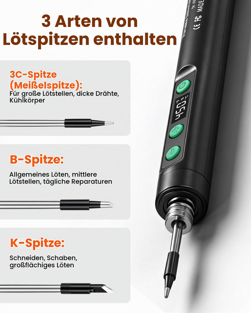 USB Soldering Iron with 3 Soldering Tips (K, 3C, B) | Portable Welding Kit 15W with Housing and Bracket | Quick Heating 8 Seconds | 3 Temperatures 180-450°C | Repair and Pyrography C